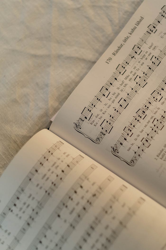 A close-up shot of an open hymnbook displaying musical notes and lyrics on sheet music.